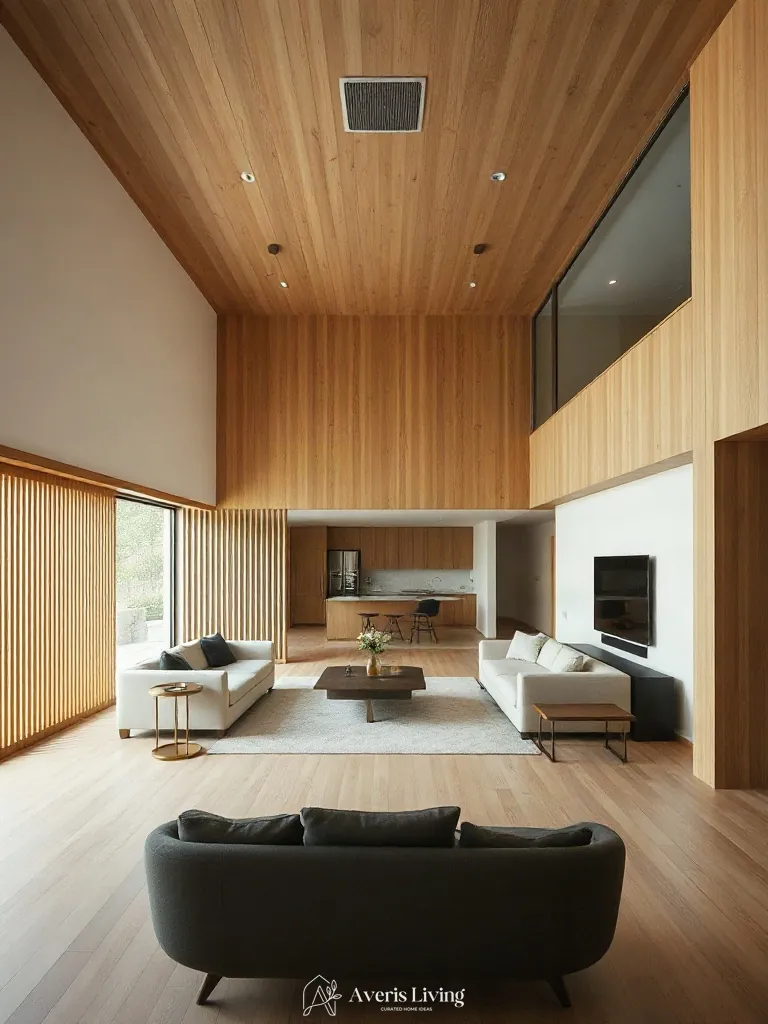 Open-concept zoning using vertical timber screens in a wood slat wall living room