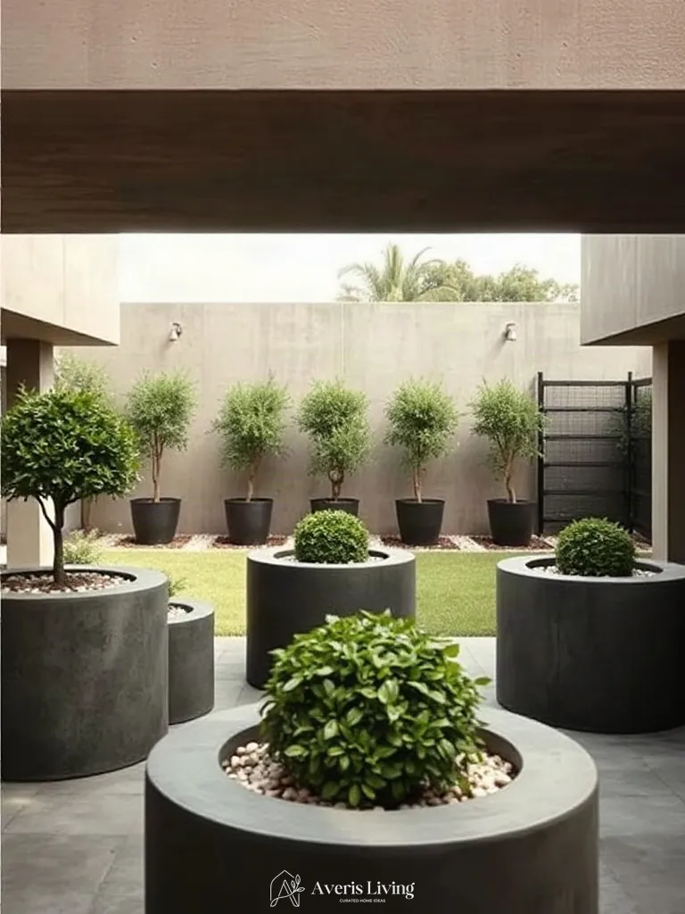 Oversized designer concrete planters accenting an open backyard landscaping design.
