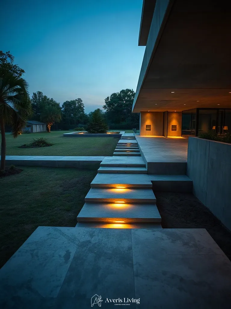 Floating concrete stairs bridging level changes in a modern backyard landscaping open space.