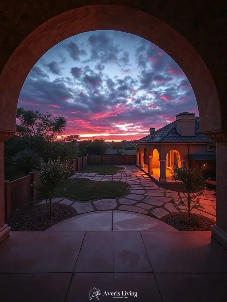 Dramatic twilight sky contrasting with warm architectural landscape lighting in an open backyard.