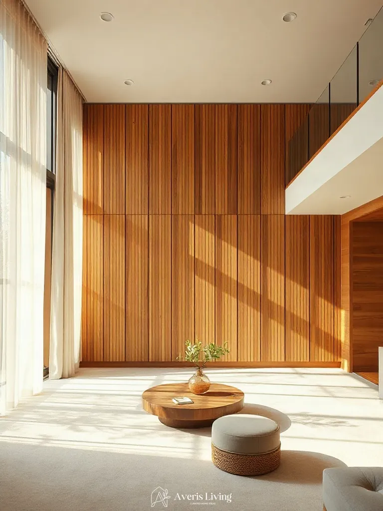 Natural daylight and shadow play in a wood slat wall living room