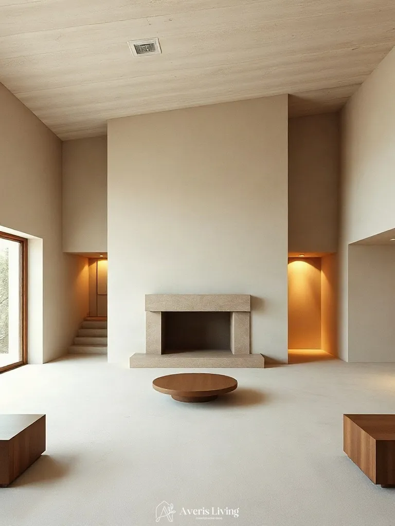 Textured clay and tadelakt plaster in minimalist wabi sabi decor room