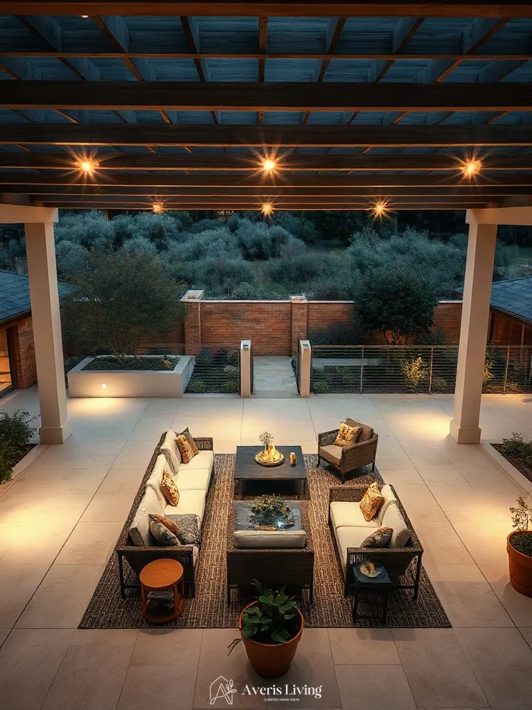 Ergonomically designed outdoor living and gathering space in a modern open backyard.