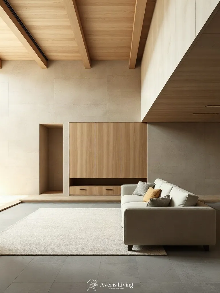 Concealed millwork storage near a low profile sofa japandi style