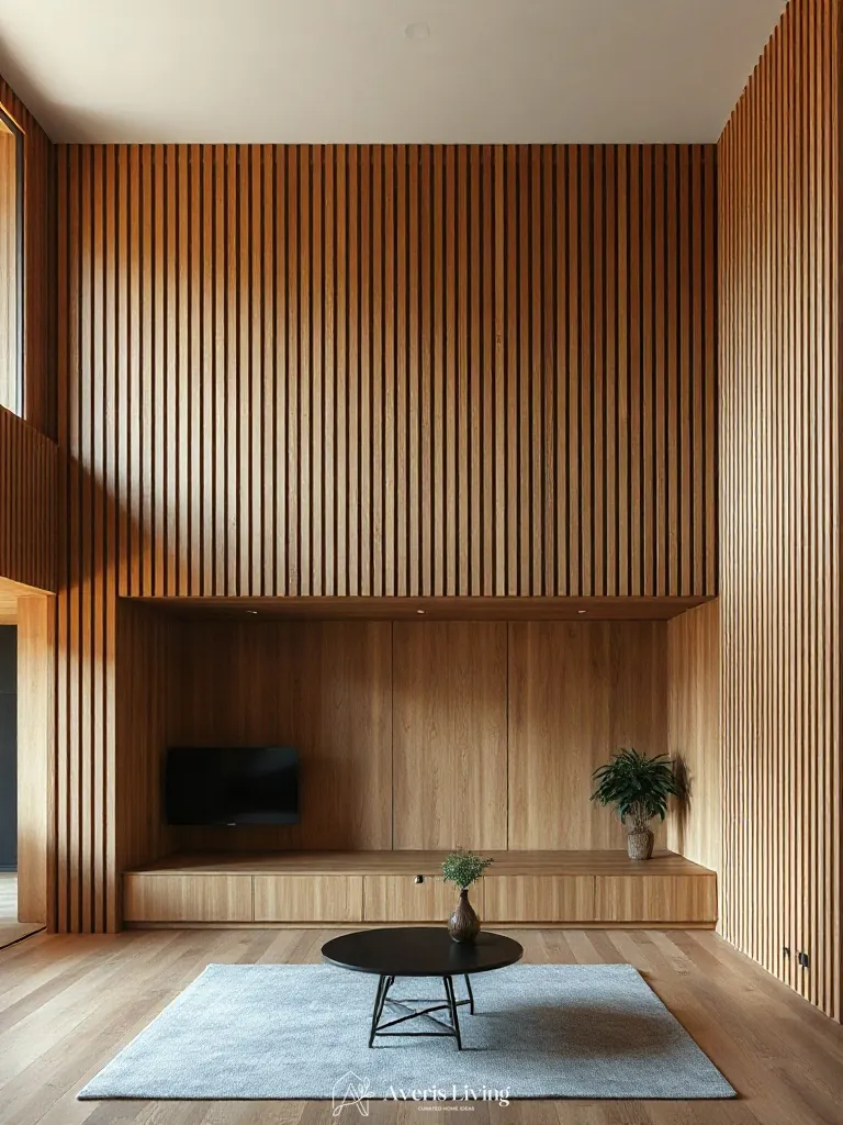 Ergonomic concealed storage in a wood slat wall living room