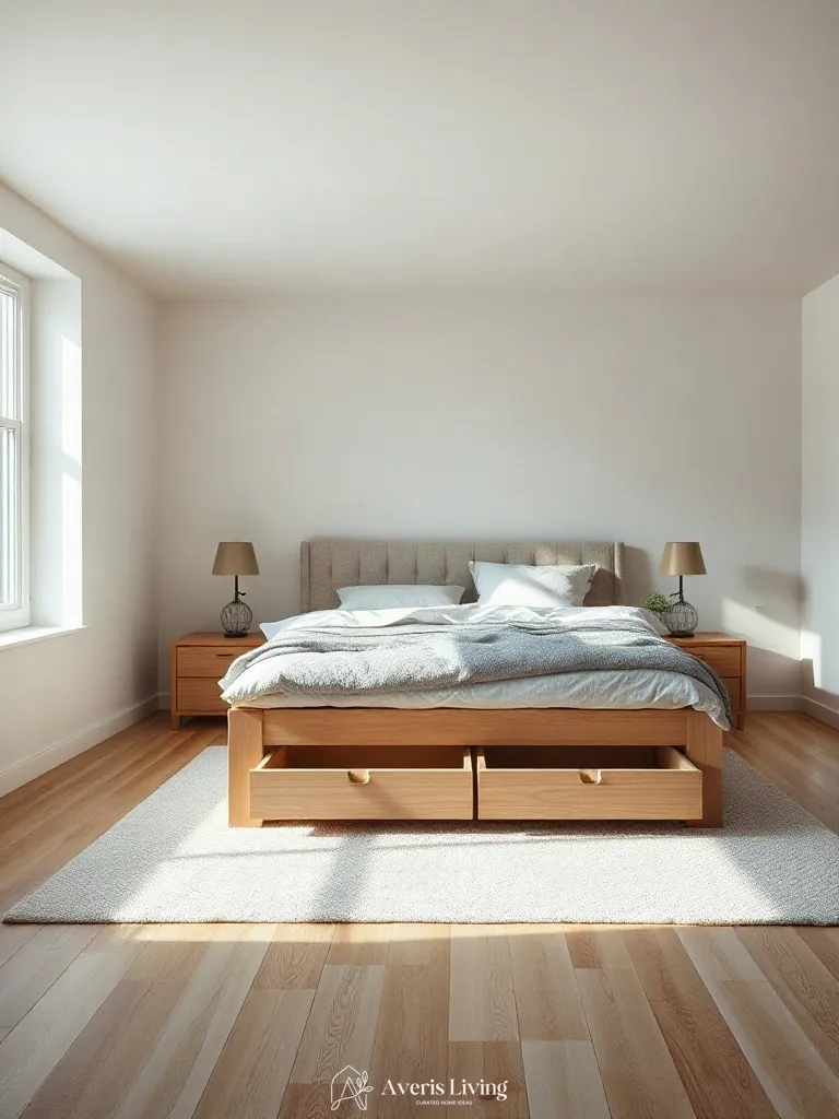 Ergonomic storage integration in a neutral scandinavian bedroom