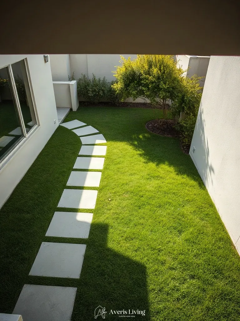 Seamless stone pathways guiding movement through a spacious backyard landscaping open space.