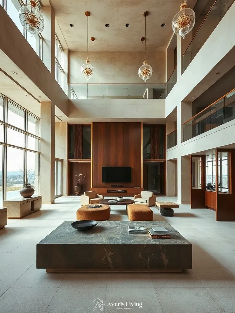 Double-height salon interior anchored by substantial storage coffee table designs and tailored furniture arrangements.