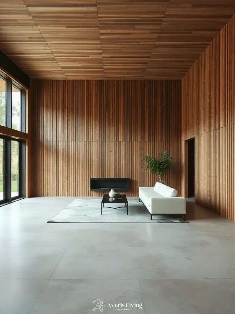 Wood slat wall extending onto the ceiling in a modern living room