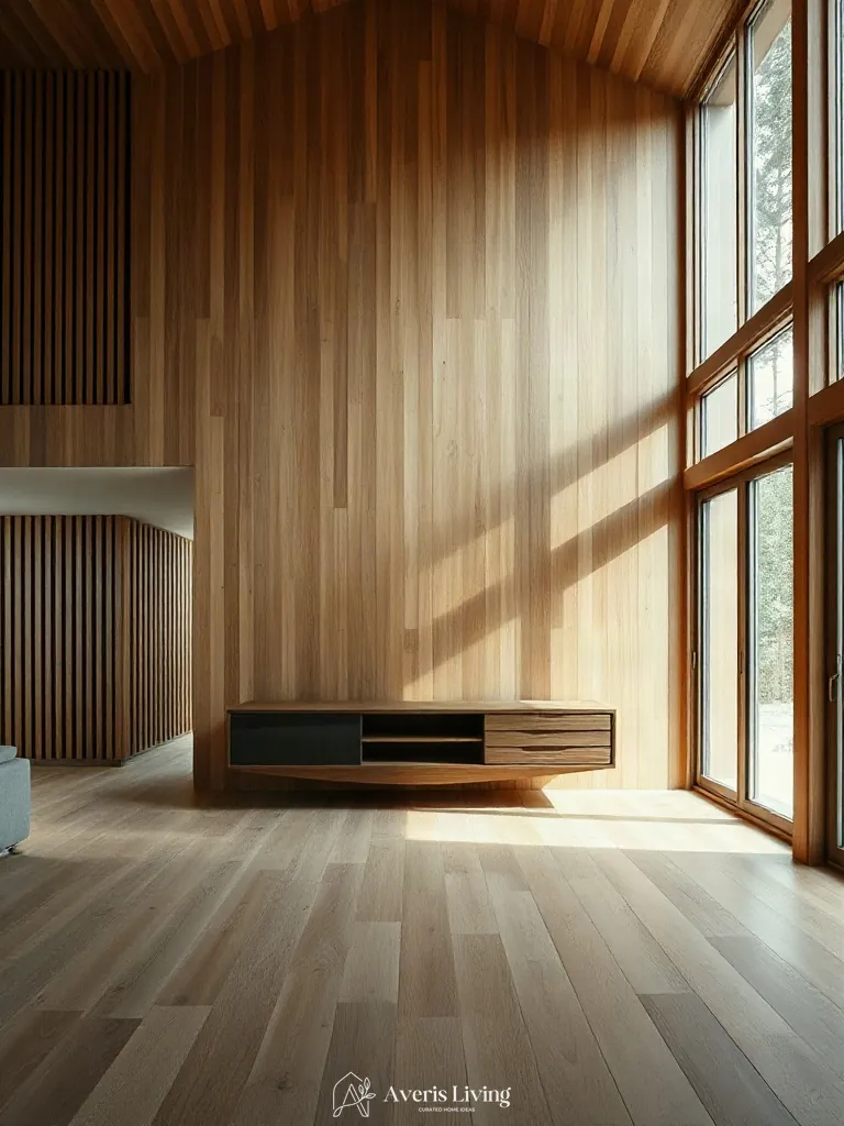Floating credenza against a wood slat wall living room