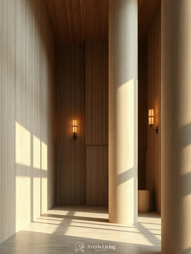 Fluted oak millwork within a minimalist wabi sabi decor setting
