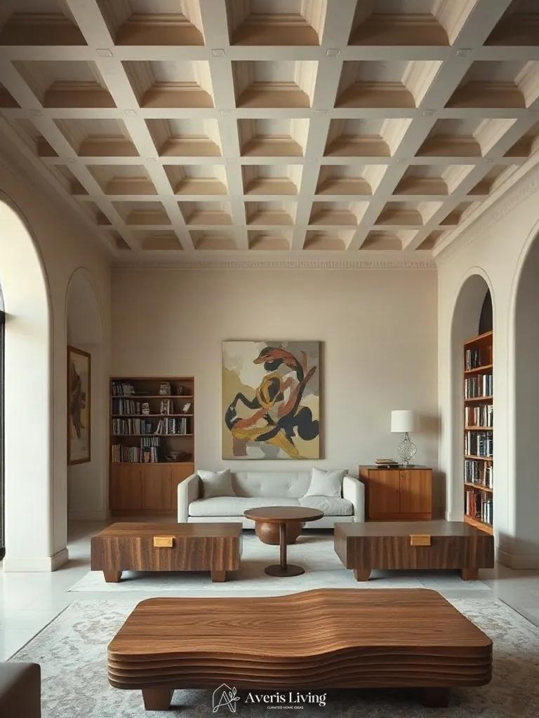 Fluted architectural details on bespoke storage coffee table designs within a tailored library space.