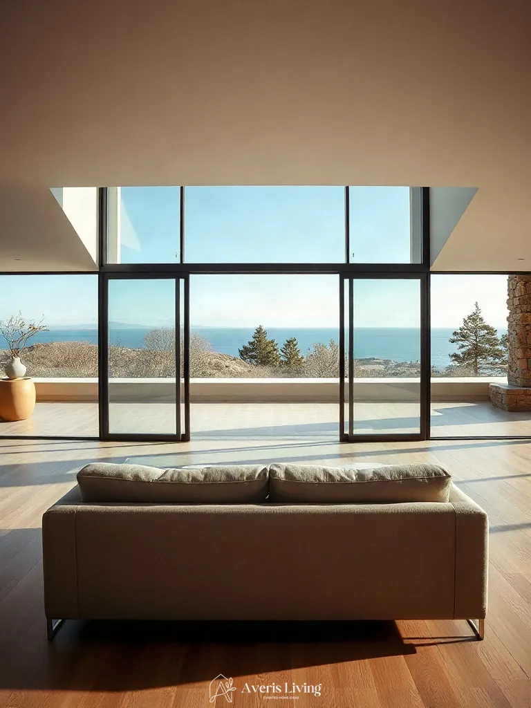 Horizontal layout emphasizing a low profile sofa japandi style