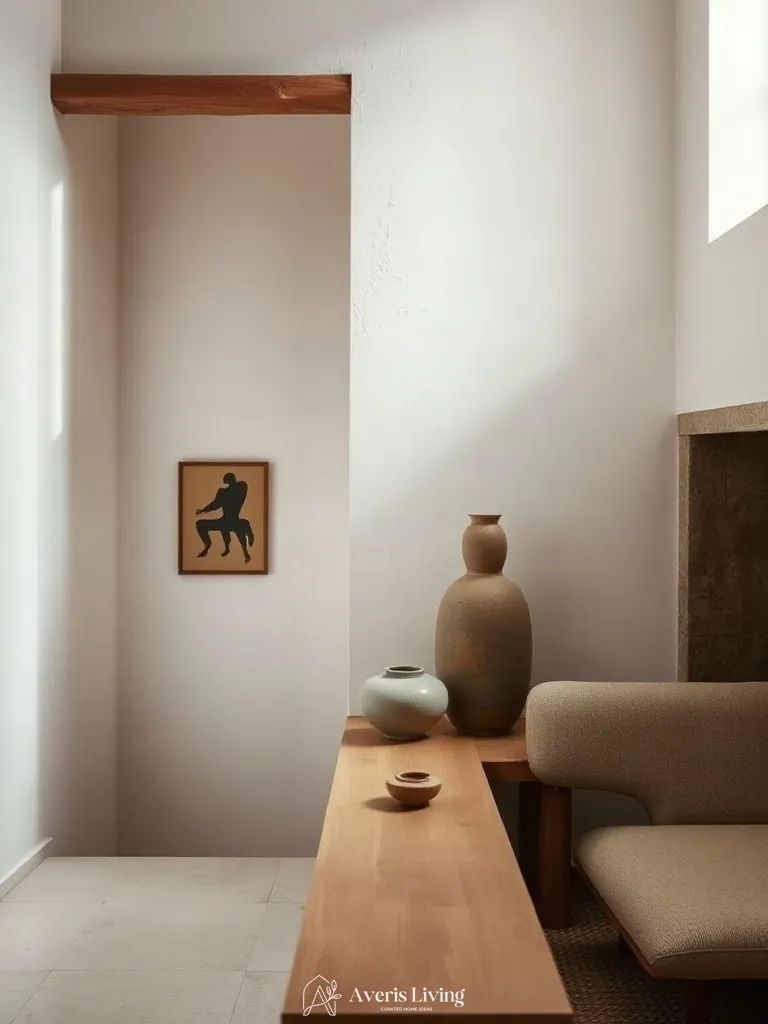 Handcrafted ceramics styled near a low profile sofa japandi style