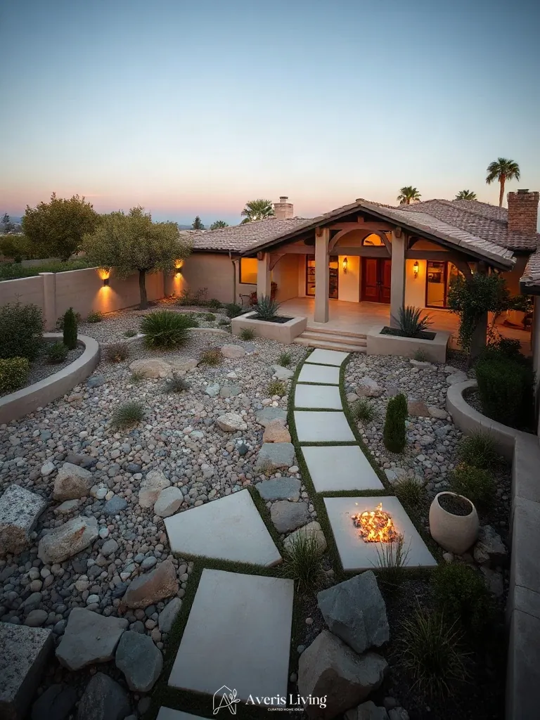 Cohesive blend of natural stone, river rock, and concrete in an open landscape design.
