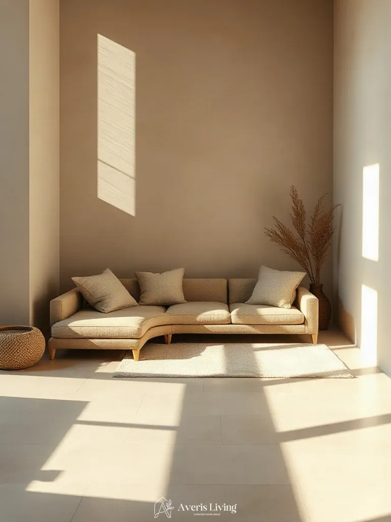 Heavy bouclé and linen textiles in minimalist wabi sabi decor setting