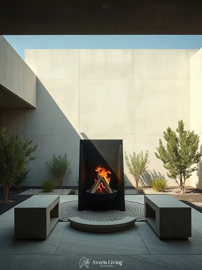 Hero architectural metal fire pit serving as the focal point in an open backyard.