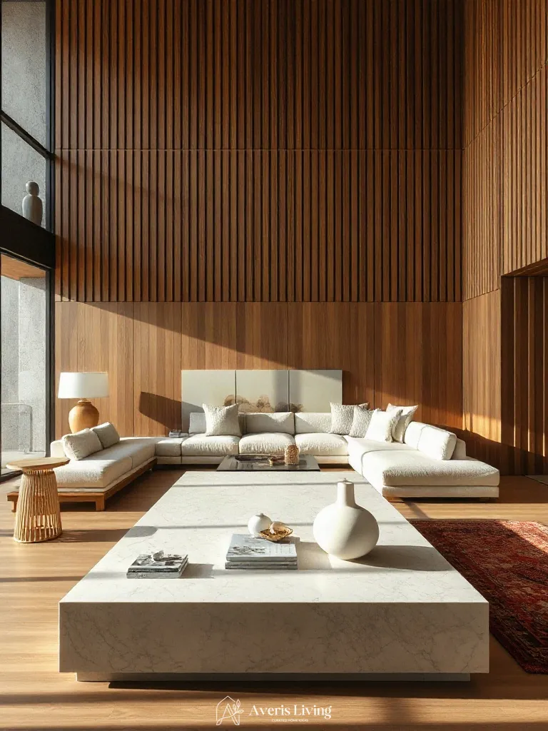 Hero sculptural furniture in a wood slat wall living room
