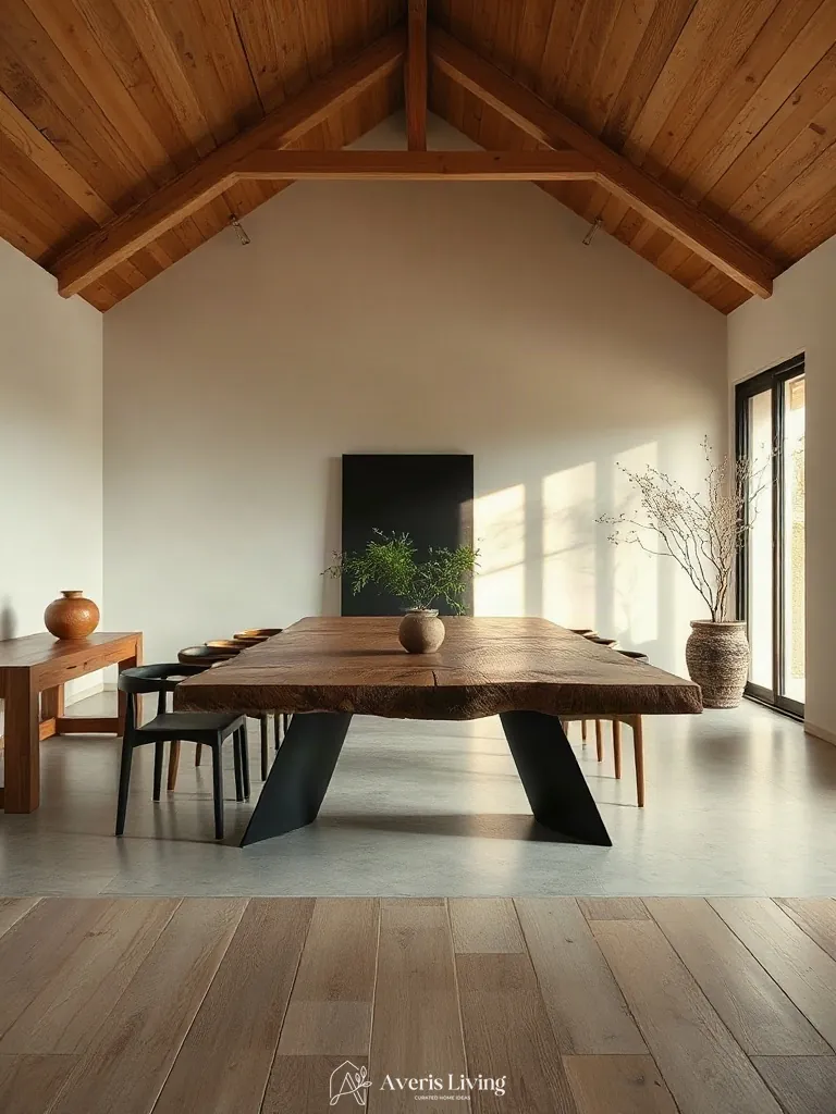 Hero sculptural timber dining table in minimalist wabi sabi decor room