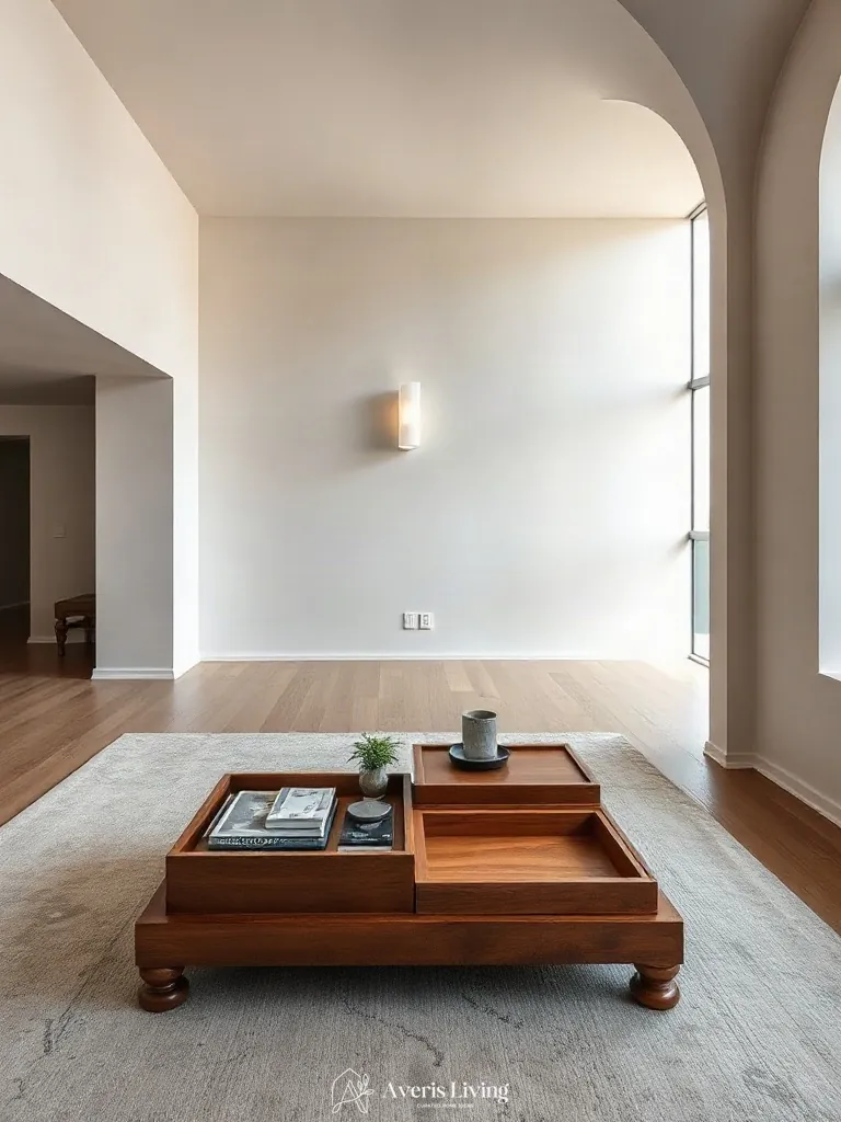 Multi-tiered storage coffee table designs with hidden sliding compartments.
