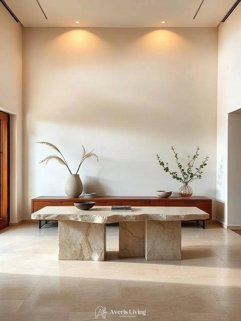 Honed travertine surface detail in minimalist wabi sabi decor design