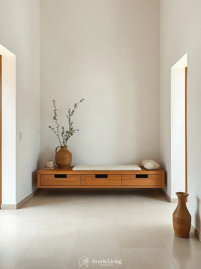 Built-in seating and storage bench in minimalist wabi sabi decor interior