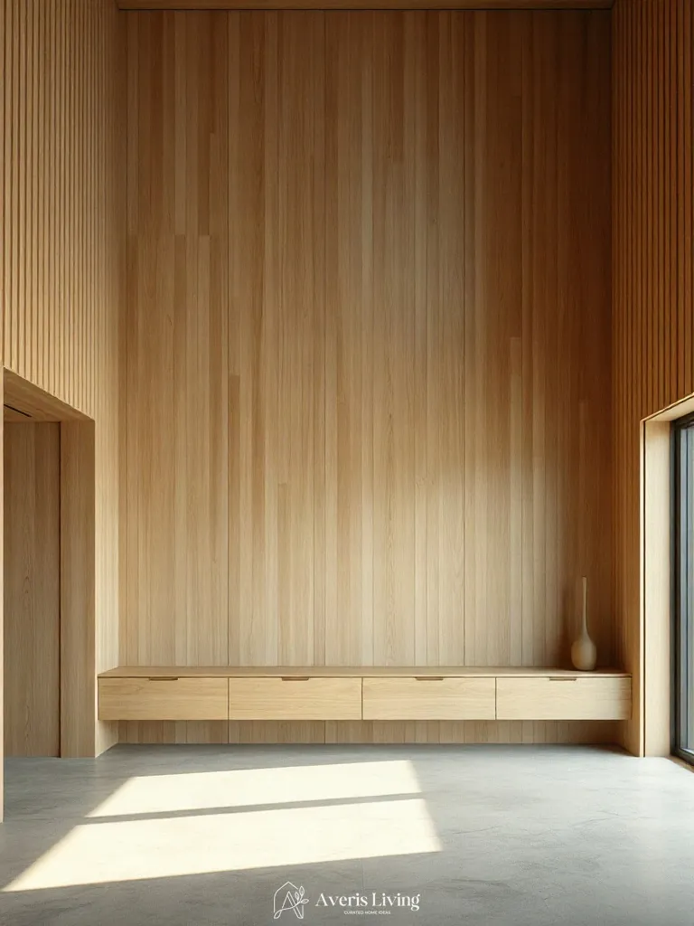 Custom built-in cabinetry integrated into a wood slat wall living room
