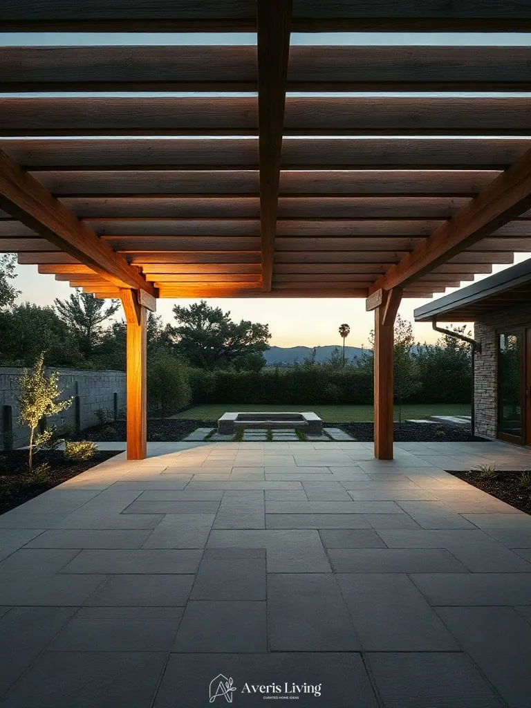 Architectural timber overhead structures defining a spacious open outdoor living area.