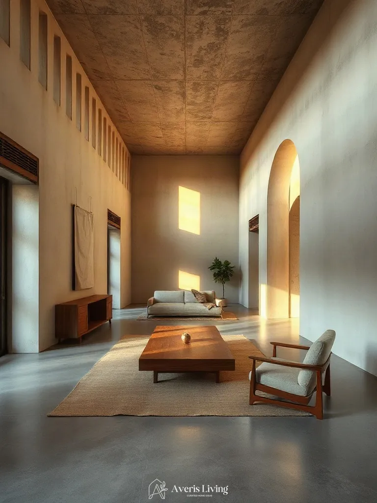 Clear circulation paths and floor layout within minimalist wabi sabi decor interior