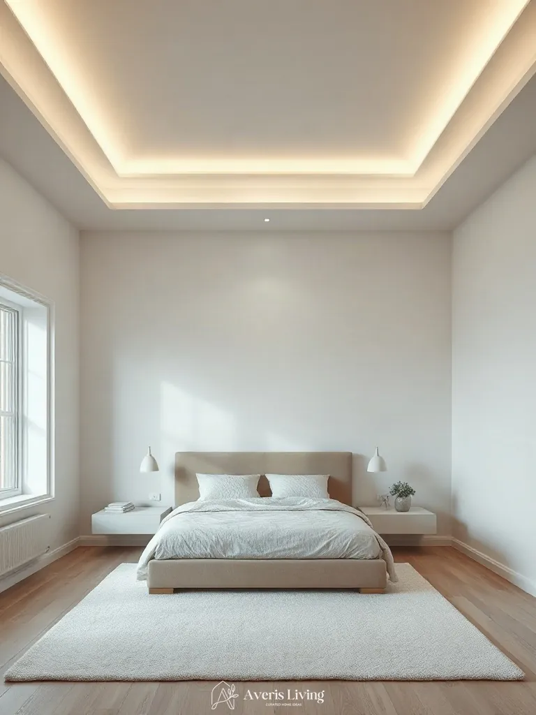 Layered 2700K ambient cove lighting in a neutral scandinavian bedroom