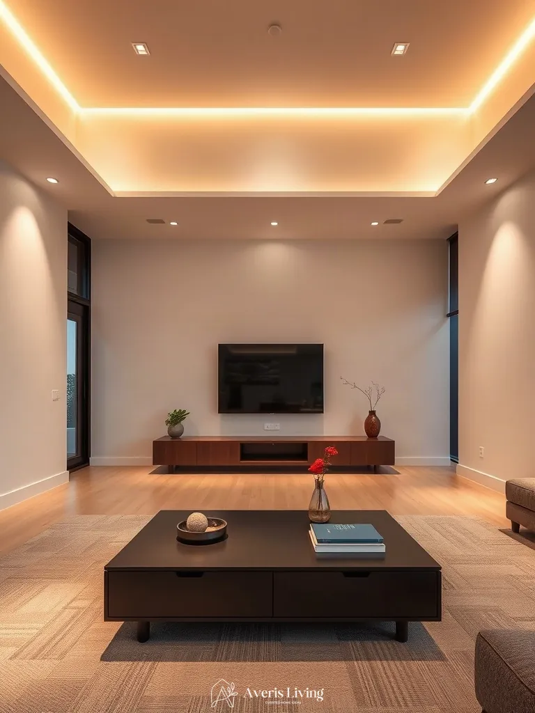 Warm 2700K ambient cove lighting illuminating refined storage coffee table designs at twilight.