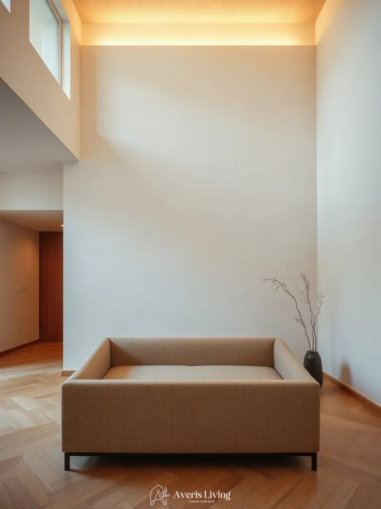 2700K ambient cove lighting illuminating a low profile sofa japandi style