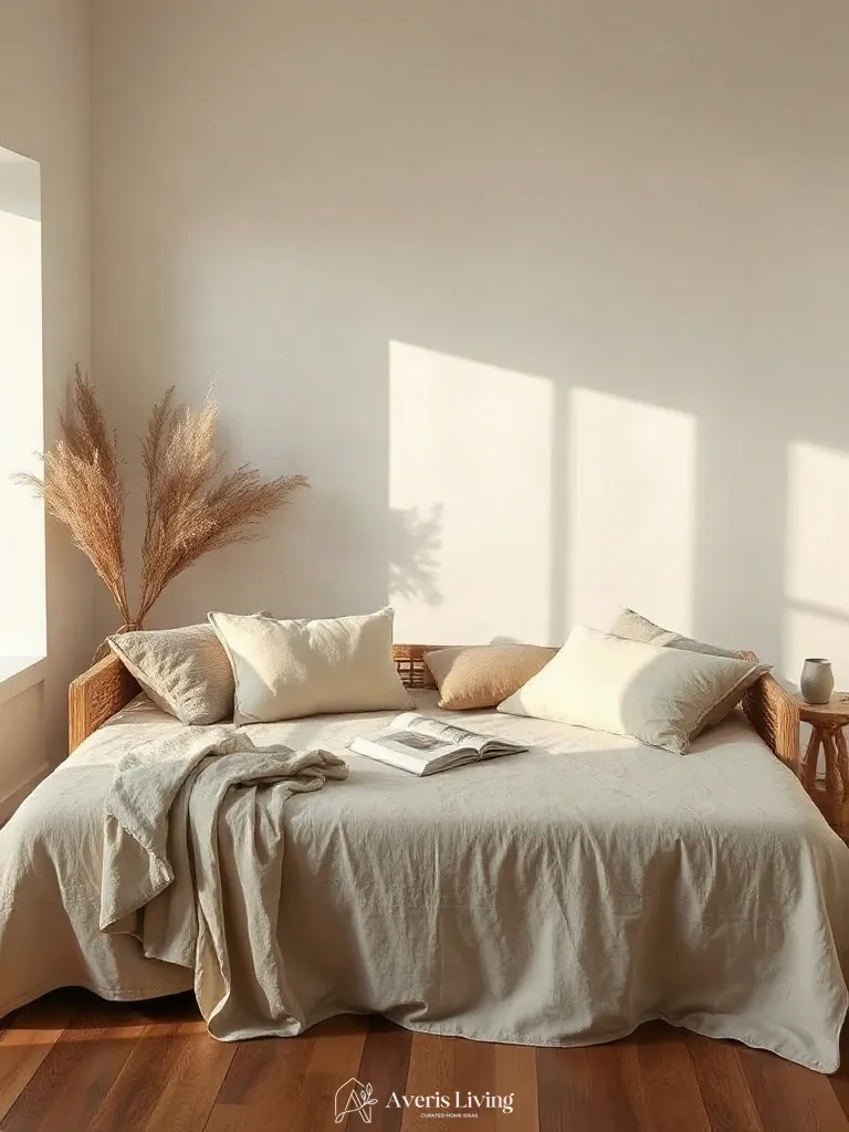Layered raw linen textiles in minimalist wabi sabi decor setting