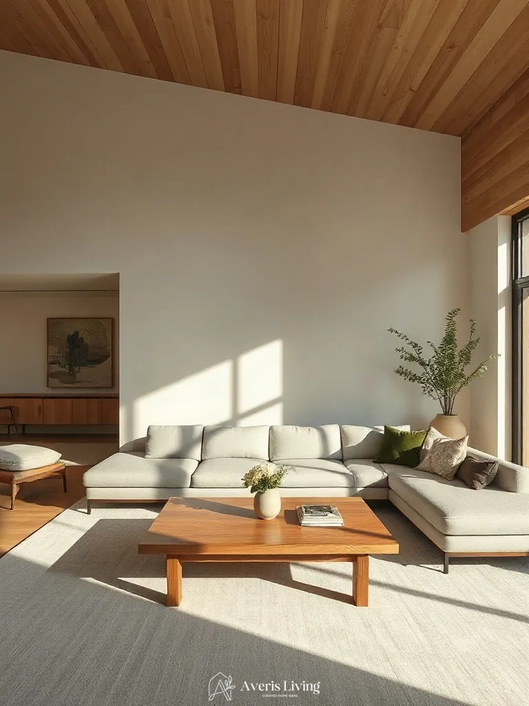 Low-slung coffee table paired with a low profile sofa japandi style