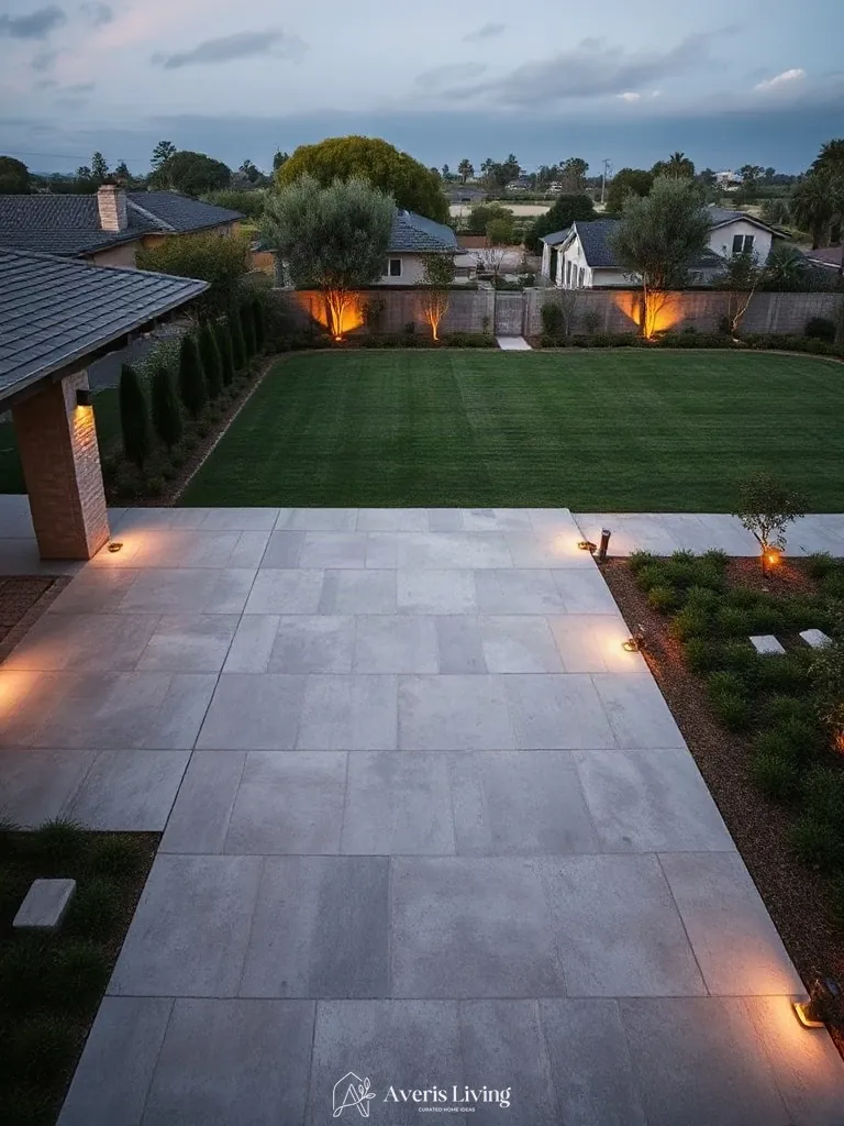Elevated spatial overview of modern backyard landscaping open space with geometric paver layout and open lawn.