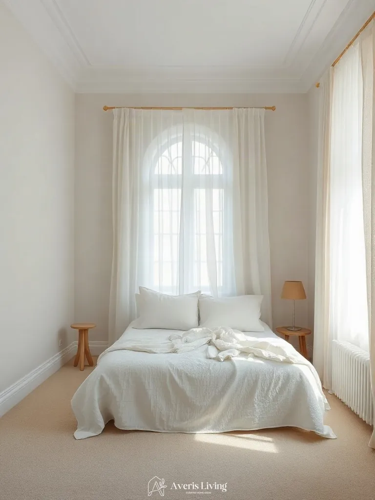 Natural daylight diffusion strategies in a neutral scandinavian bedroom