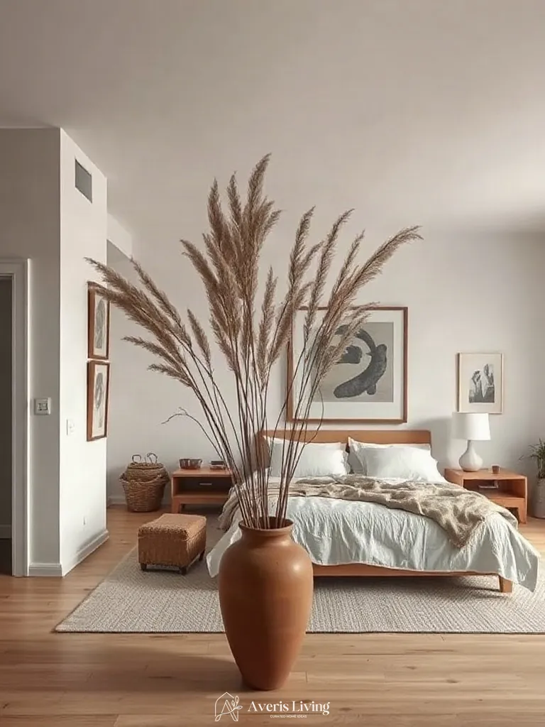 Organic botanical branch styling in a neutral scandinavian bedroom