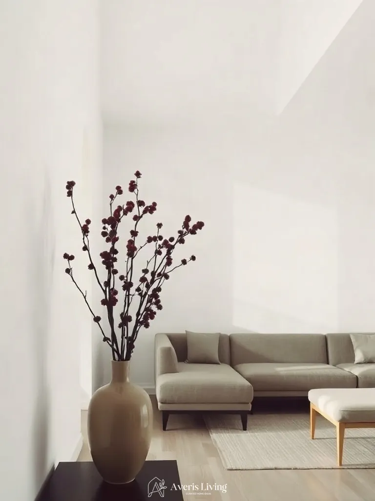 Botanical branch arrangement beside a low profile sofa japandi style