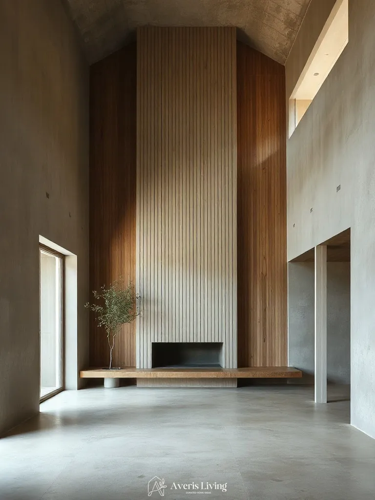 Venetian plaster and wood slat wall living room combination