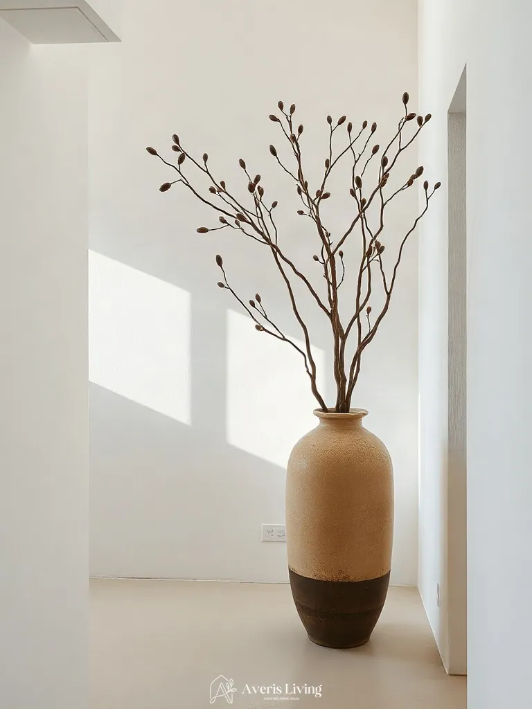 Dry botanical branches and vase in minimalist wabi sabi decor interior