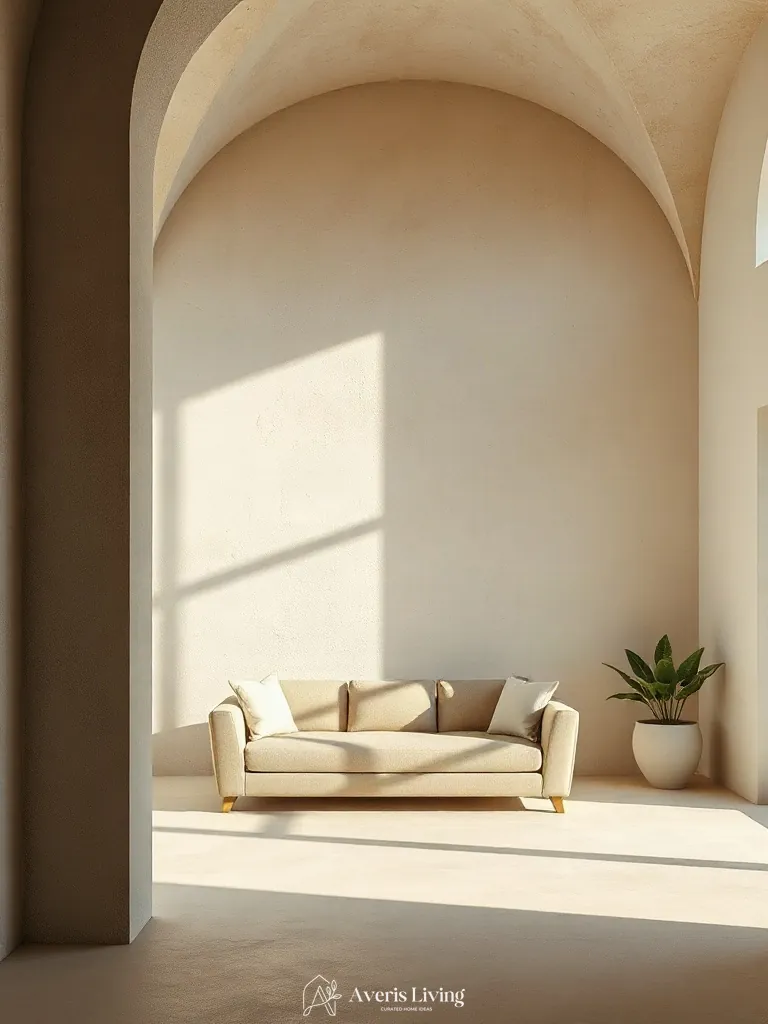 Mineral plaster finish reflecting light near a low profile sofa japandi style