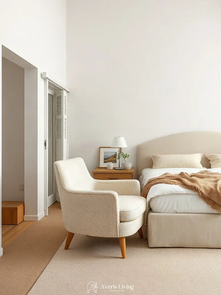 Plush bouclé upholstery elements in a neutral scandinavian bedroom