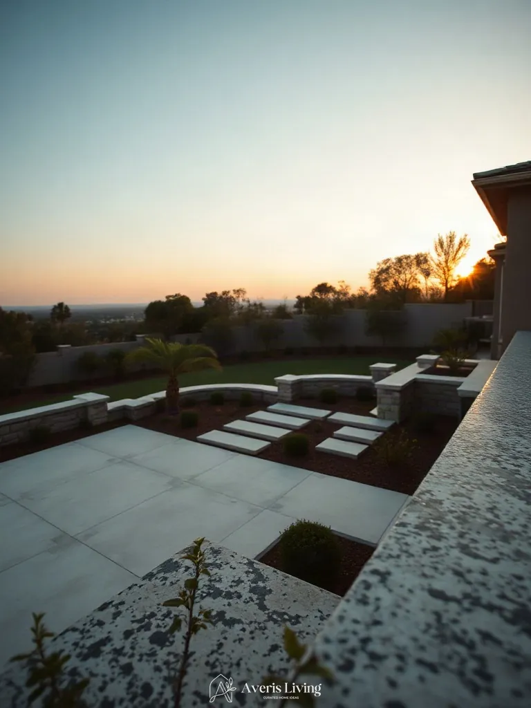 Detailed granite pool coping and clean edges within an expansive open backyard layout.