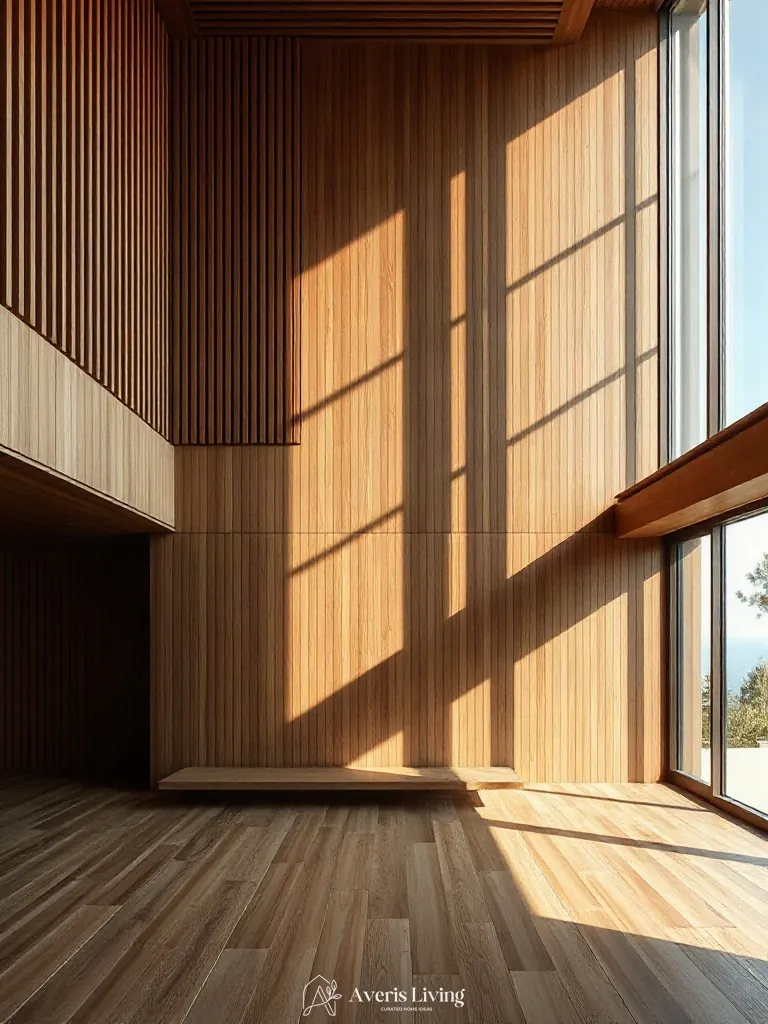 Acoustic wood slat wall paneling in a contemporary living room