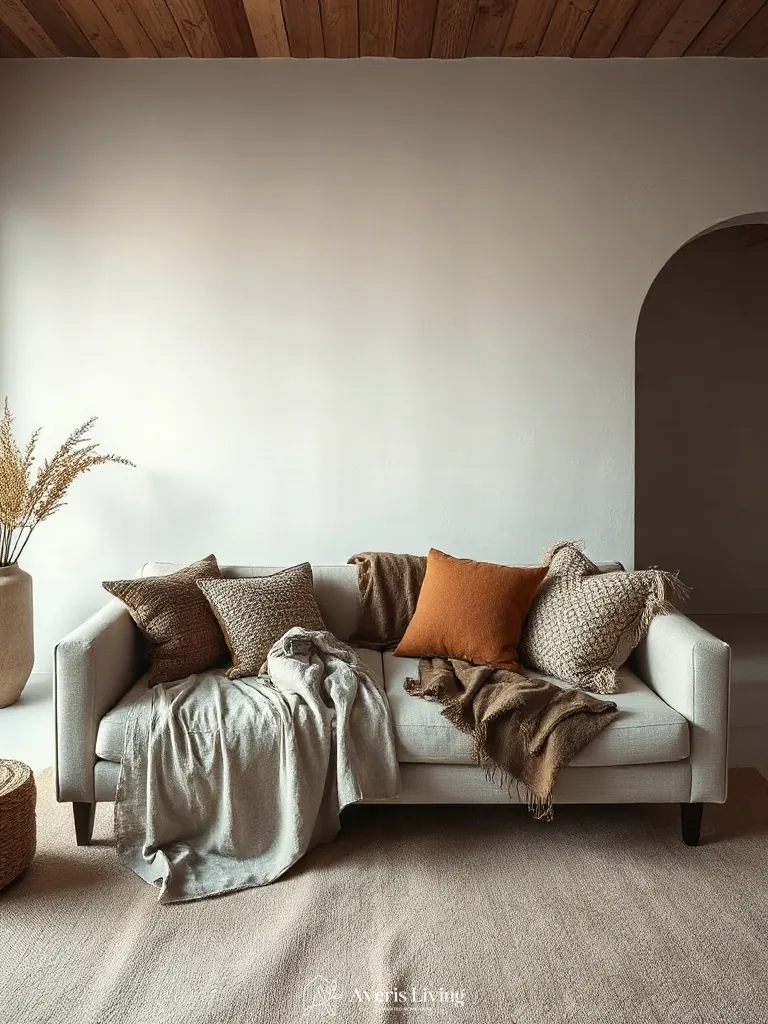 Linen and cashmere textiles draped over a low profile sofa japandi style