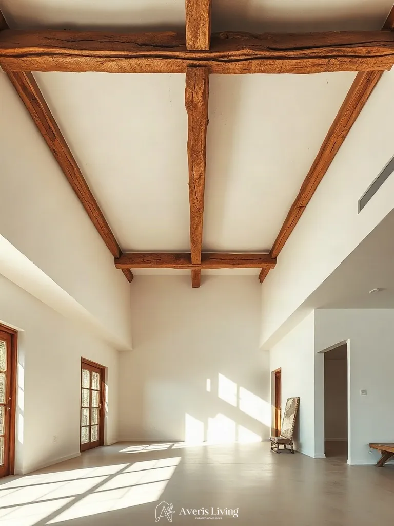 Exposed timber ceiling architecture in minimalist wabi sabi decor room