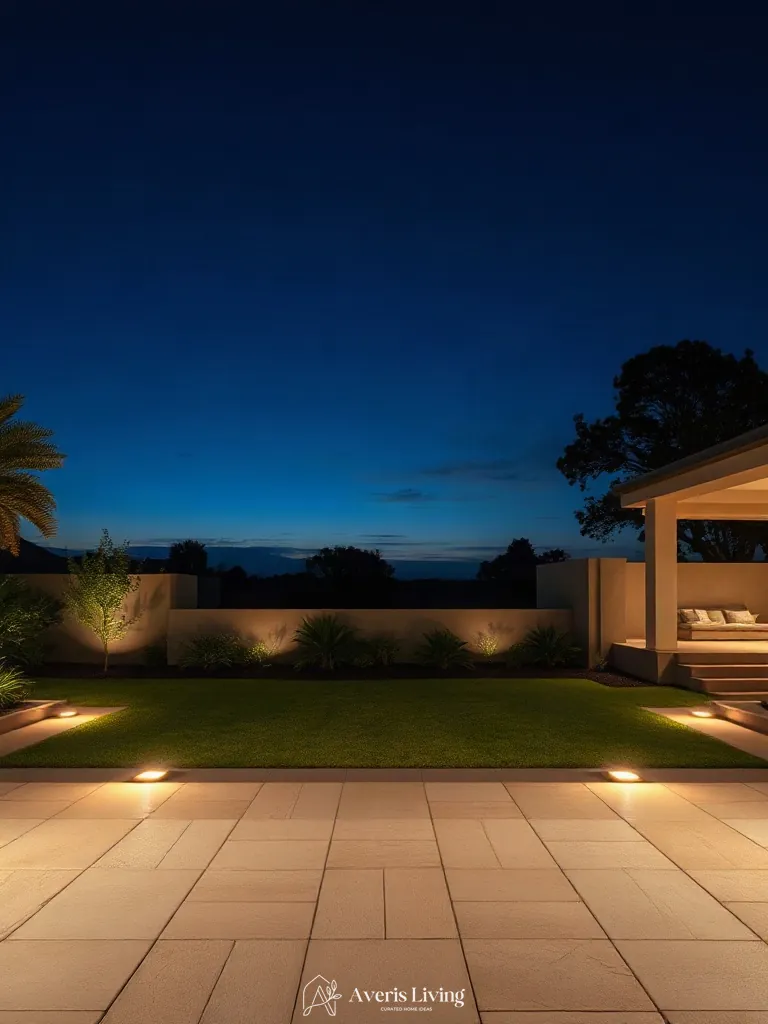 Recessed ground-level LED lighting tracing the edges of an open backyard patio at night.