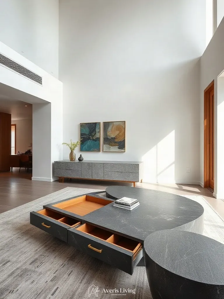 Monolithic material palette featured on luxury storage coffee table designs.