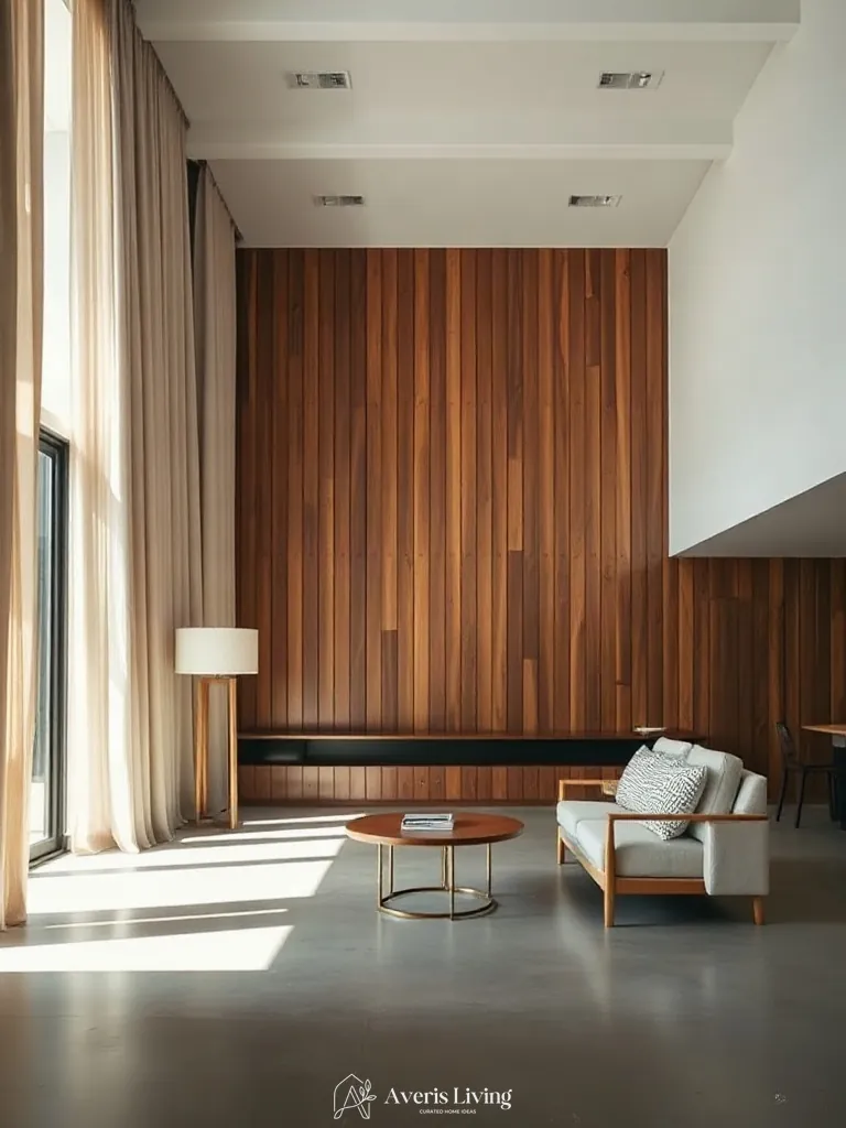 Textural material harmonization in a wood slat wall living room