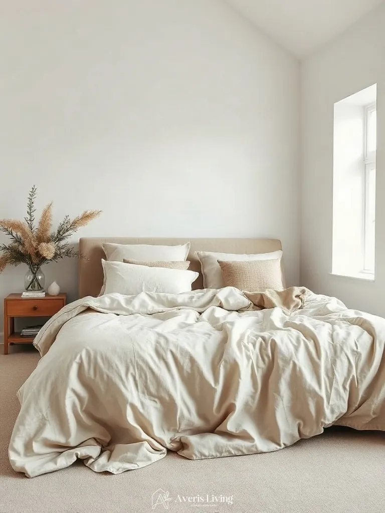 Relaxed pure linen textiles in a neutral scandinavian bedroom